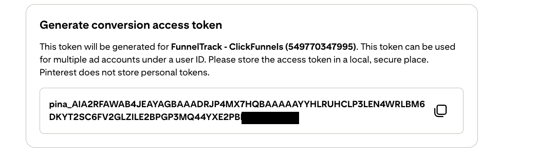 Pinterest generated conversion access token starting with pina_ shown in the panel