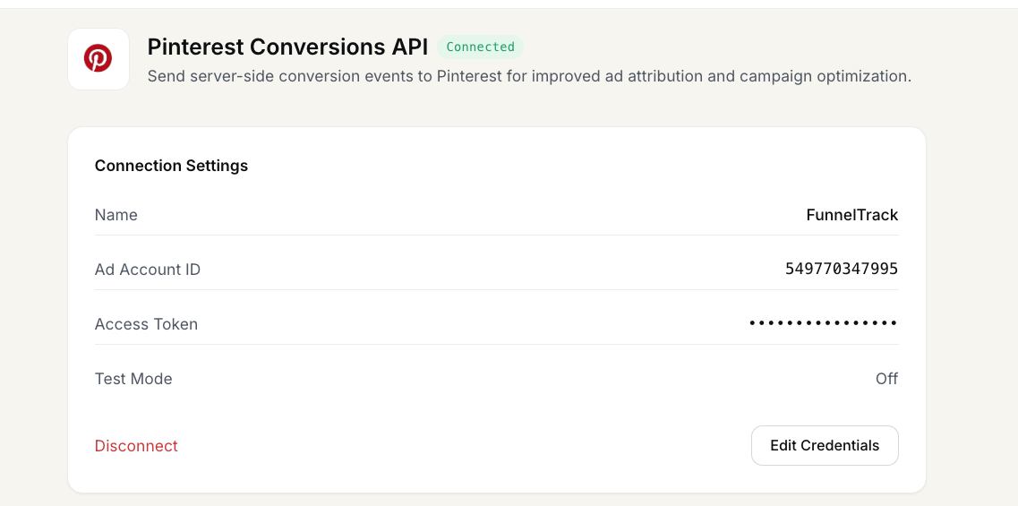 FunnelTrack Pinterest Conversions API page showing the Connected status