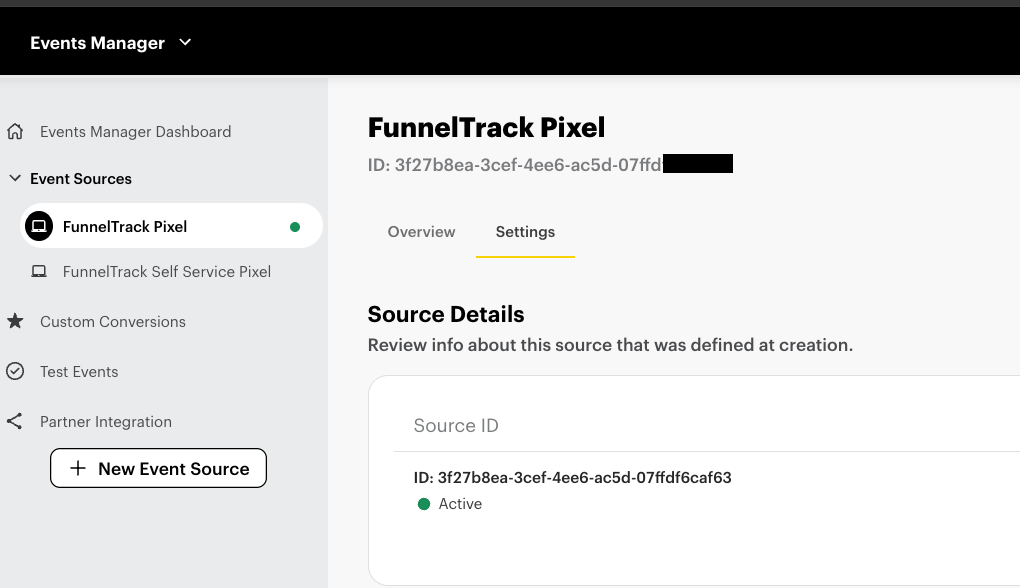 Snapchat Events Manager pixel detail with the Pixel ID highlighted