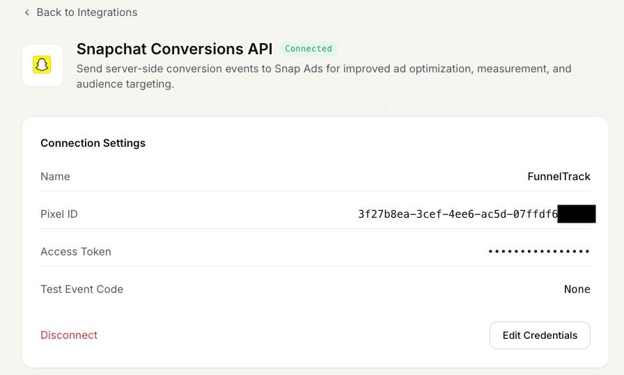FunnelTrack Snapchat Conversions API page showing the Connected status