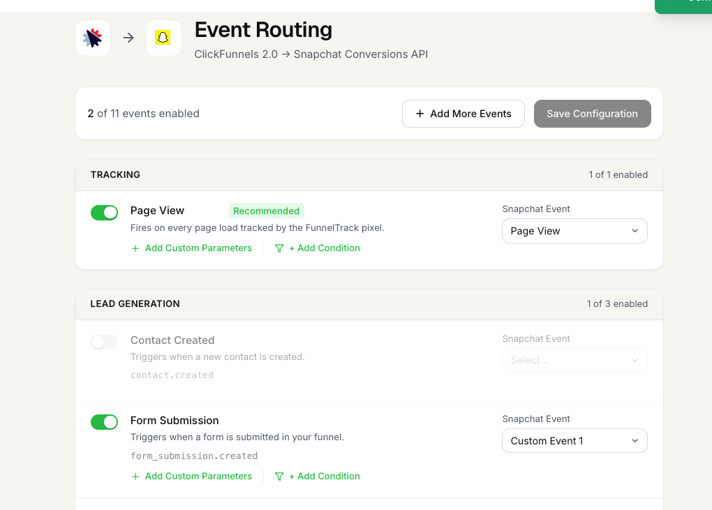 FunnelTrack source-to-Snapchat routing page with events enabled and mapped