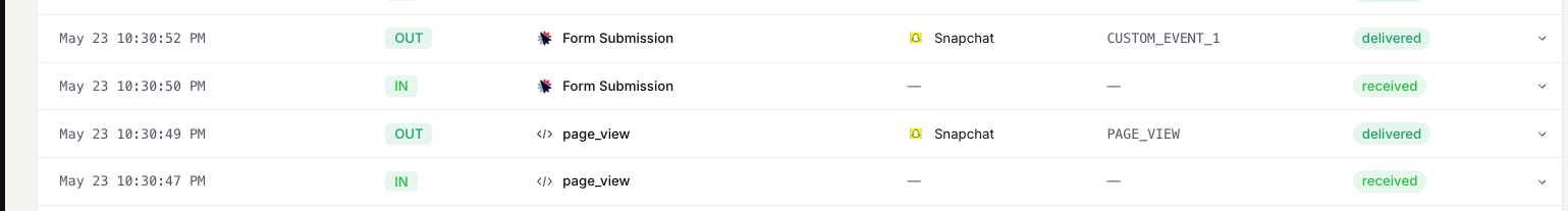 FunnelTrack Event Delivery Log showing events dispatched to Snapchat with delivered status
