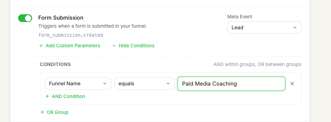 FunnelTrack ClickFunnels Form Submission card with a Condition: Funnel Name equals 'Paid Media Coaching'