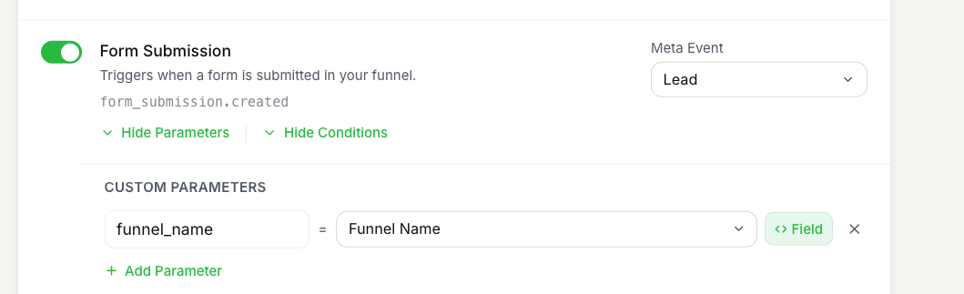 FunnelTrack ClickFunnels Form Submission card with the Custom Parameters section expanded, showing a funnel_name parameter mapped to the Funnel Name dynamic field
