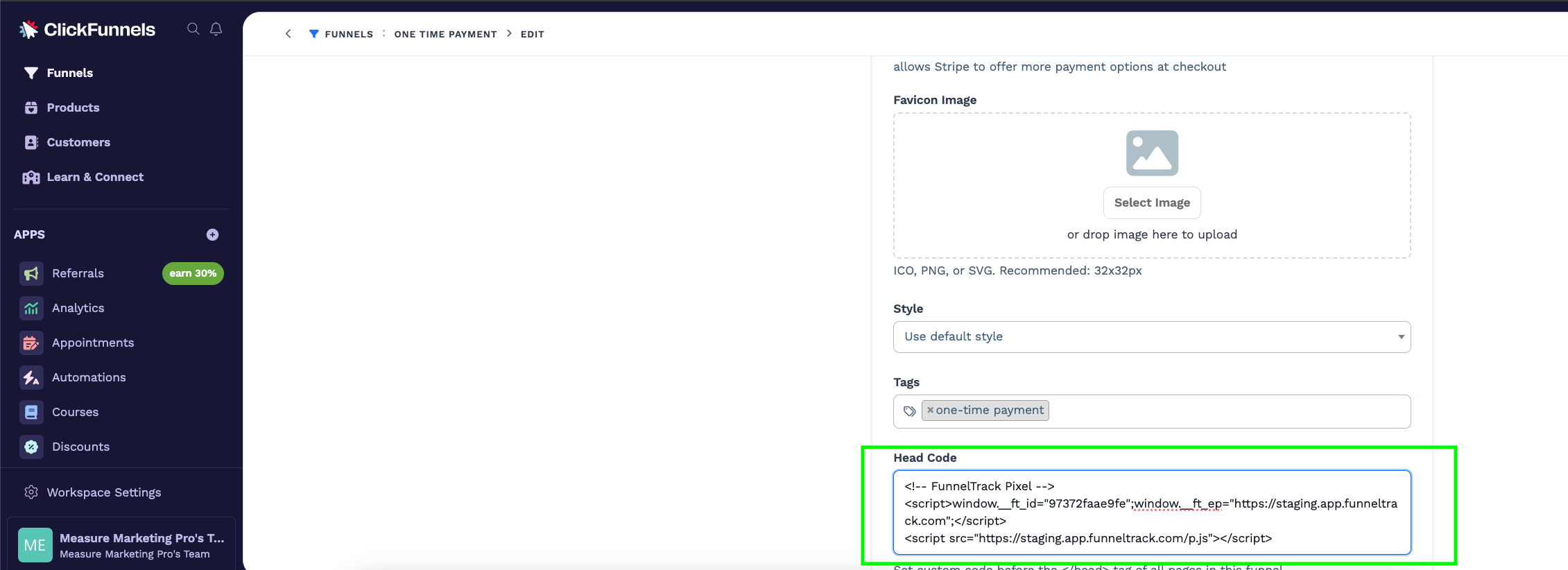 ClickFunnels Edit Funnel page with the FunnelTrack pixel snippet pasted into the Head Code field