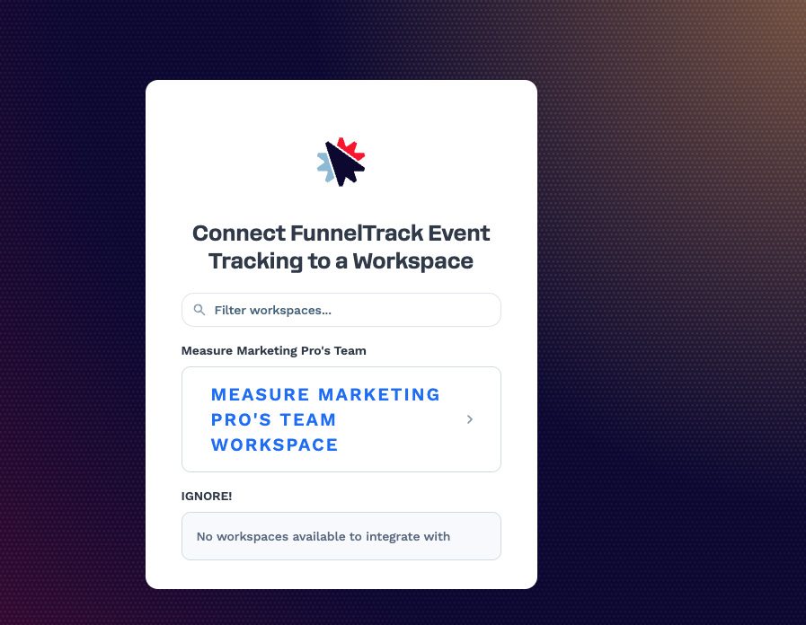 ClickFunnels OAuth consent screen titled 'Connect FunnelTrack Event Tracking to a Workspace' with a workspace picker