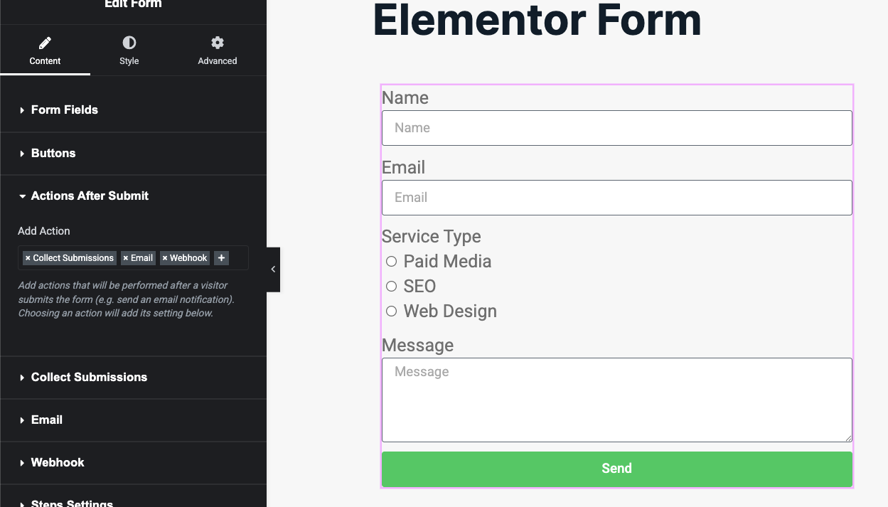 Elementor Form widget's Actions After Submit section with the Webhook action added