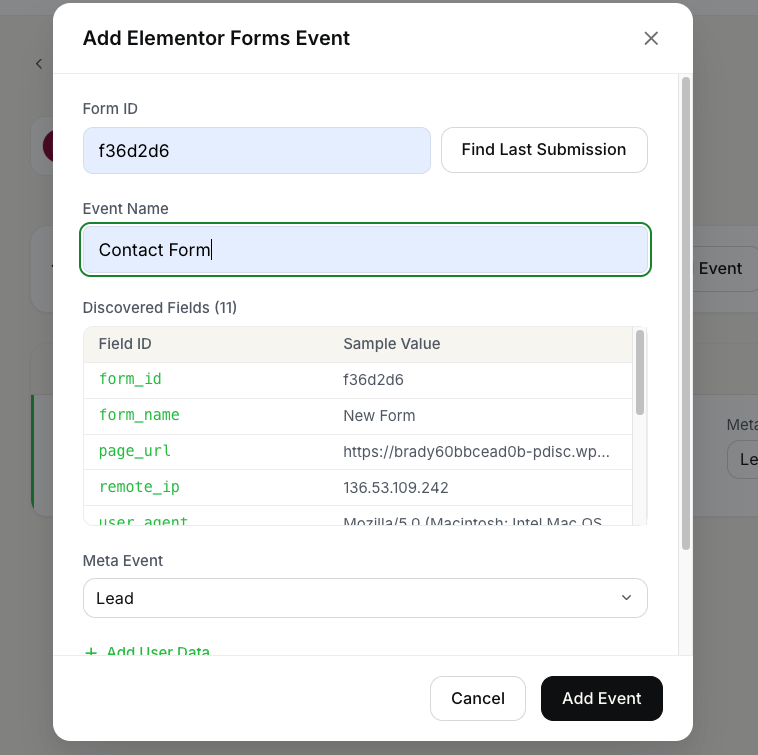 FunnelTrack Add Elementor Event modal with form ID entered, event name, and a discovered-fields table showing field_email, field_name, etc.