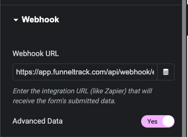 Elementor Form widget Webhook block with the FunnelTrack URL pasted in and the Advanced Data toggle enabled