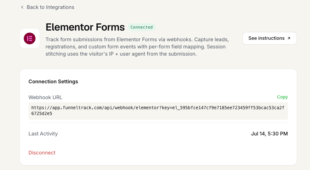 FunnelTrack Elementor Forms source connection page showing the workspace's webhook URL