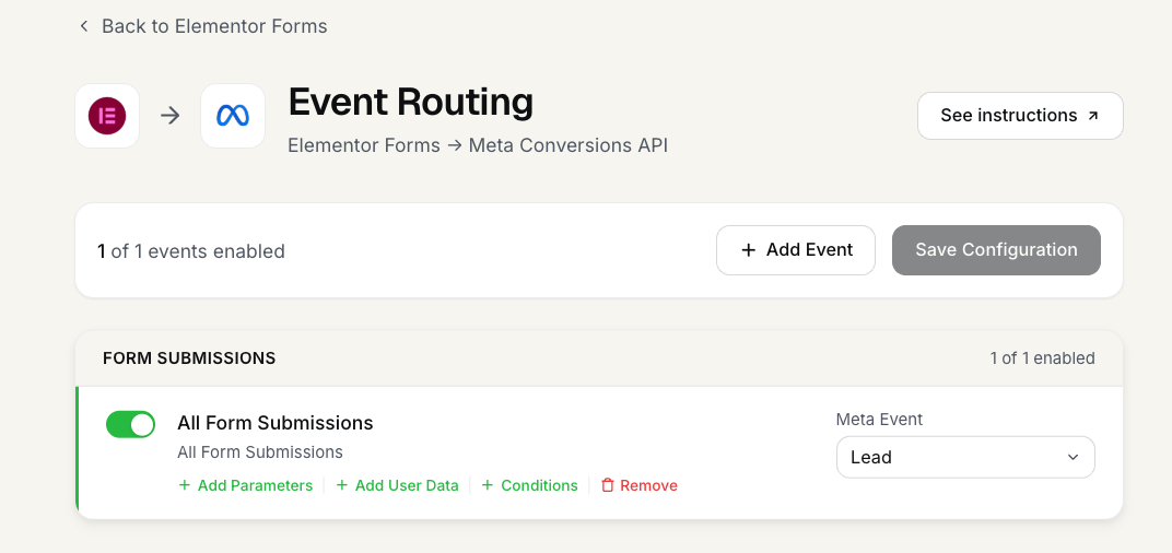 FunnelTrack Elementor Forms → Meta routing page with the All Form Submissions card enabled and Meta Event set to Lead