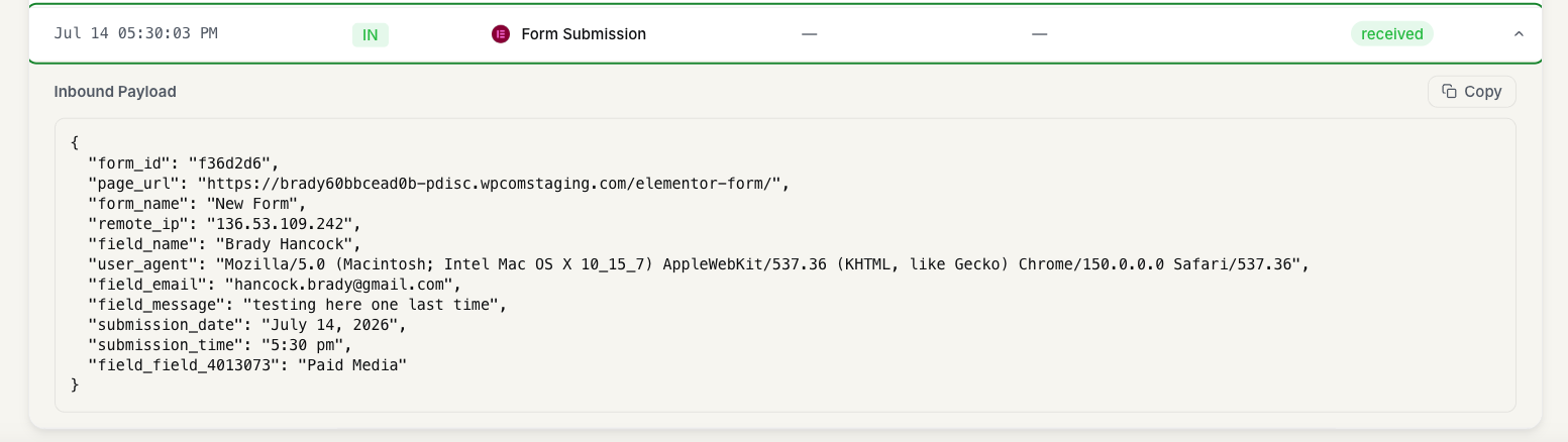 FunnelTrack inbound usage log showing a captured Elementor form submission event