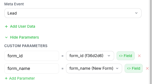 FunnelTrack Add Elementor Event modal scrolled to show the Meta Event dropdown set to Lead and a Custom Parameters row mapping form_title to form_name
