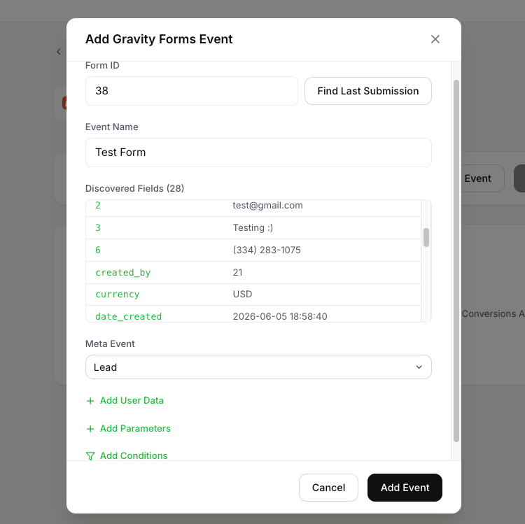 FunnelTrack Add Event modal for Gravity Forms showing the form ID input and Find Submissions button