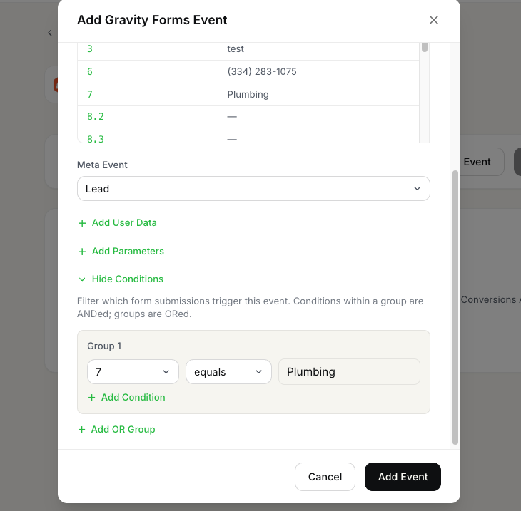 FunnelTrack Add Event modal Conditions section