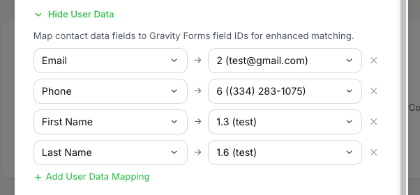 FunnelTrack Add Event modal User Data section