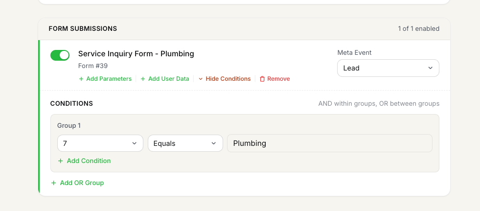 FunnelTrack routing page showing the saved Gravity Forms event card