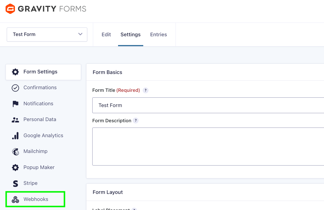 Gravity Forms specific form's Settings → Webhooks screen