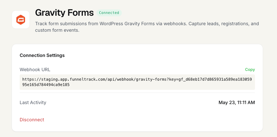 FunnelTrack Gravity Forms source connection page with the generated webhook URL