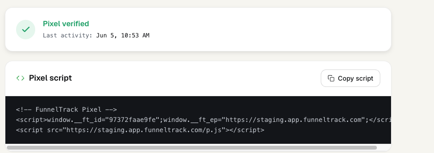 FunnelTrack pixel snippet copy screen