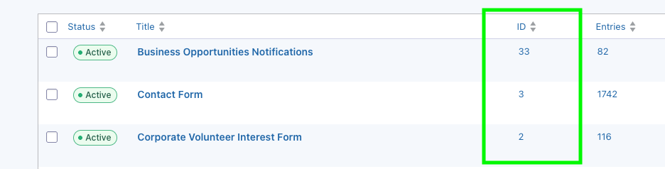 Gravity Forms Forms list showing the ID column for each form
