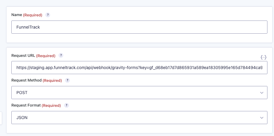 Gravity Forms webhook creation showing the URL field and request method
