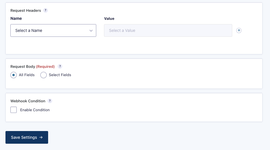 Gravity Forms webhook creation showing Request Format JSON and Request Body All Fields