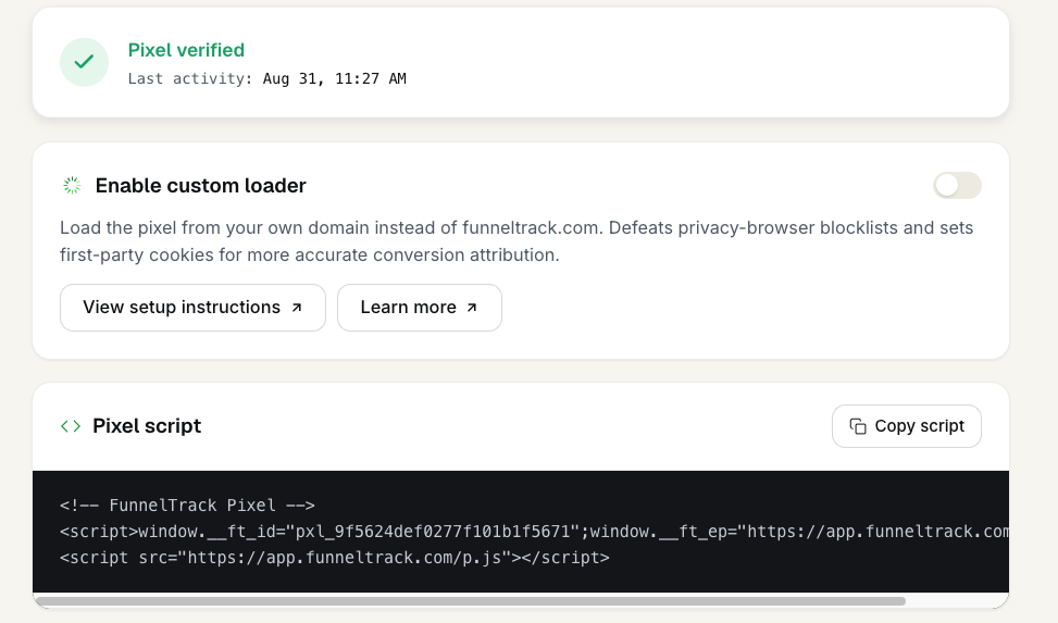 FunnelTrack pixel install snippet