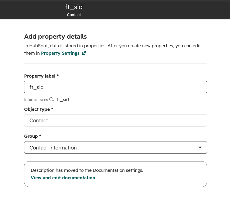 Creating the ft_sid contact property in HubSpot