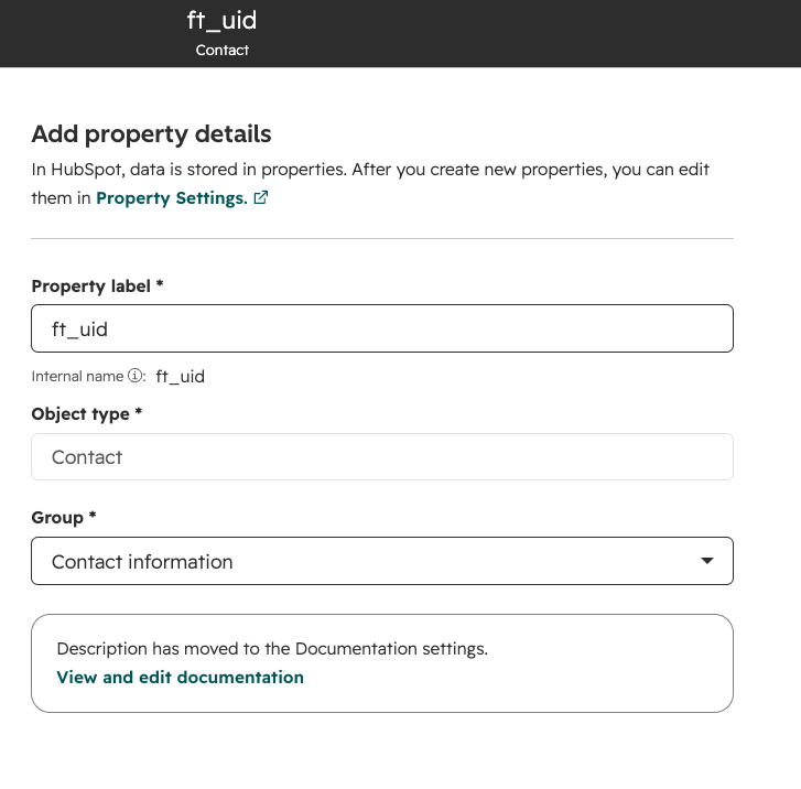 Creating the ft_uid contact property in HubSpot