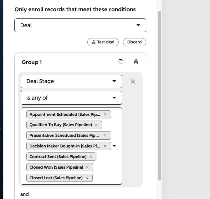 Selecting all deal stages to enroll