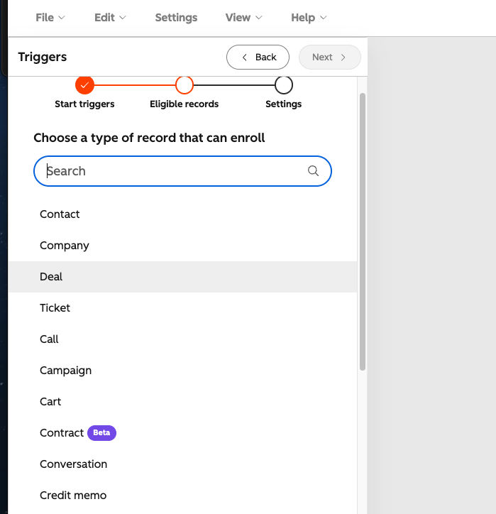 Choosing the Deal record type to enroll in the workflow