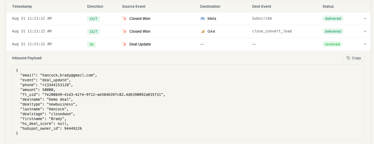 Verifying a deal event in the FunnelTrack Event Delivery Log