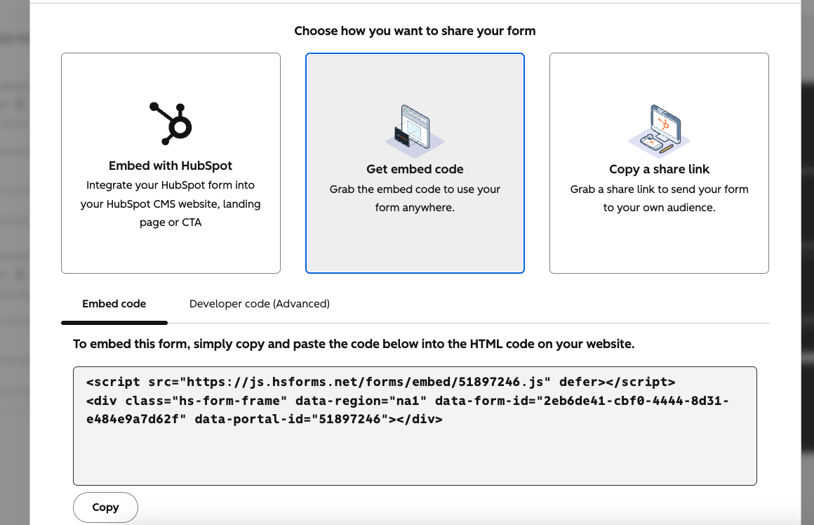 HubSpot form share panel showing the embed code