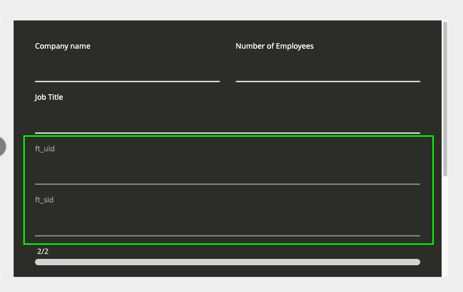 The HubSpot form showing the hidden ft_uid and ft_sid fields added