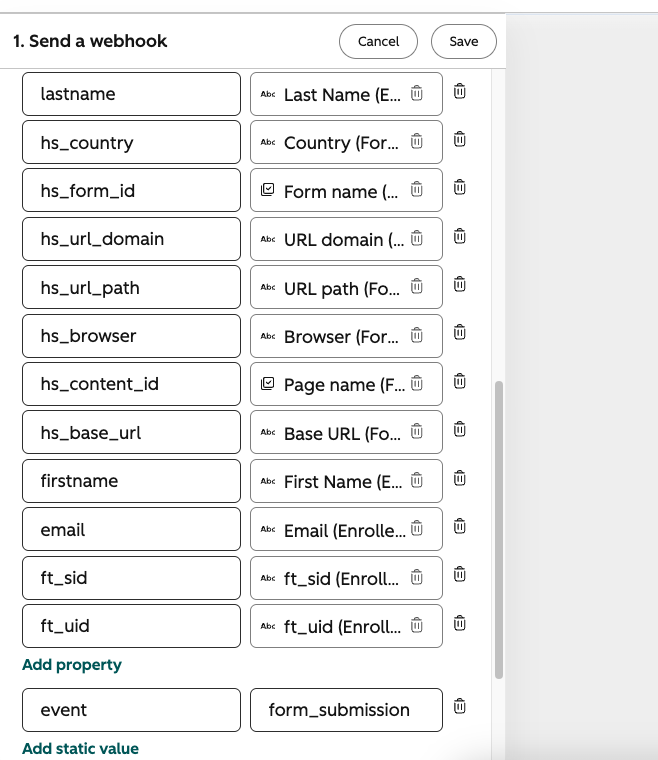 HubSpot Send a webhook request body mapping with event set to form_submission