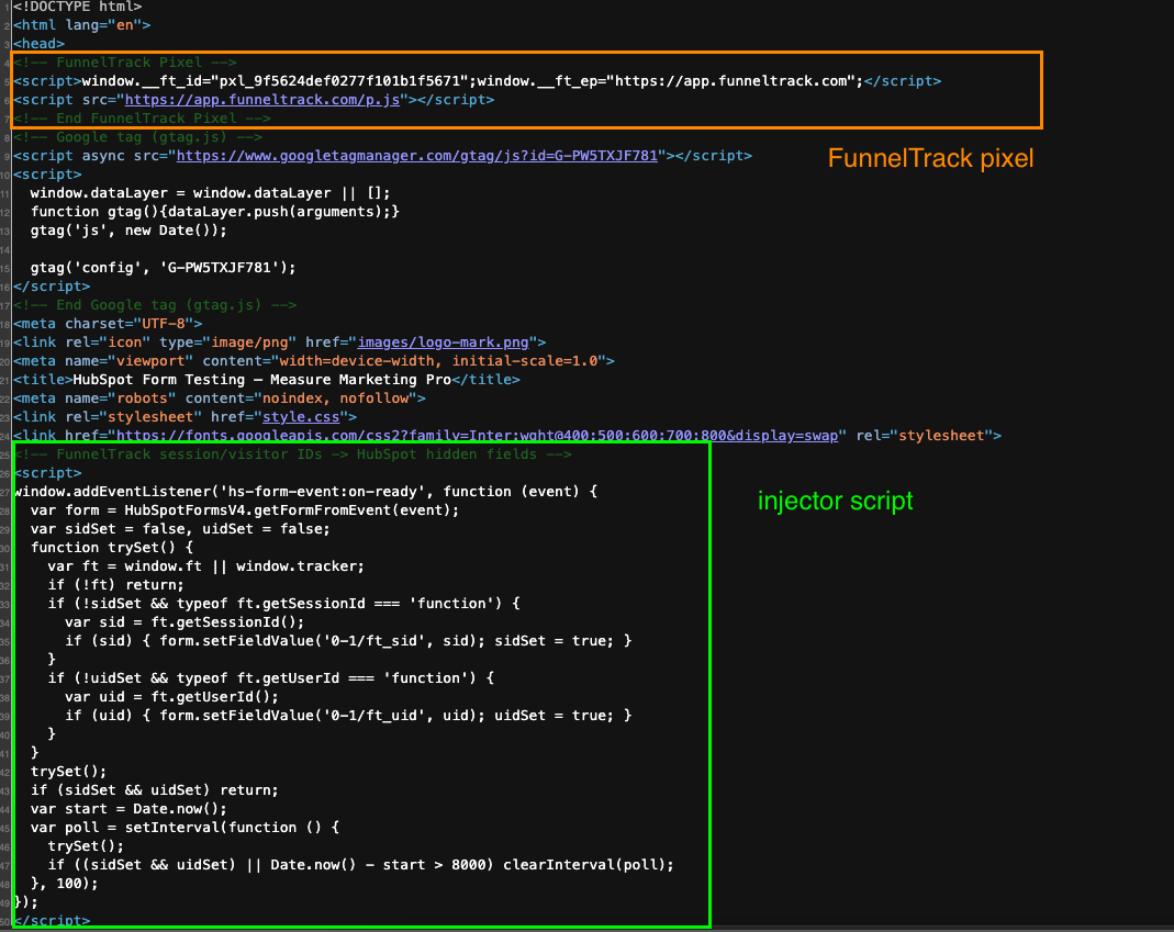 The FunnelTrack pixel followed by the ft_sid / ft_uid injector script on the form page's HTML