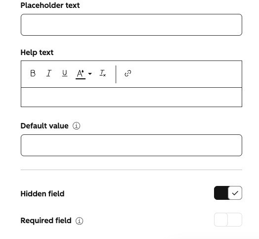HubSpot form field editor with the Hidden field toggle enabled