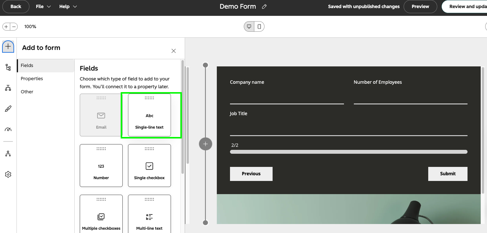Choosing the single-line text field type in HubSpot