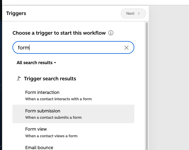 Selecting the form submission workflow trigger