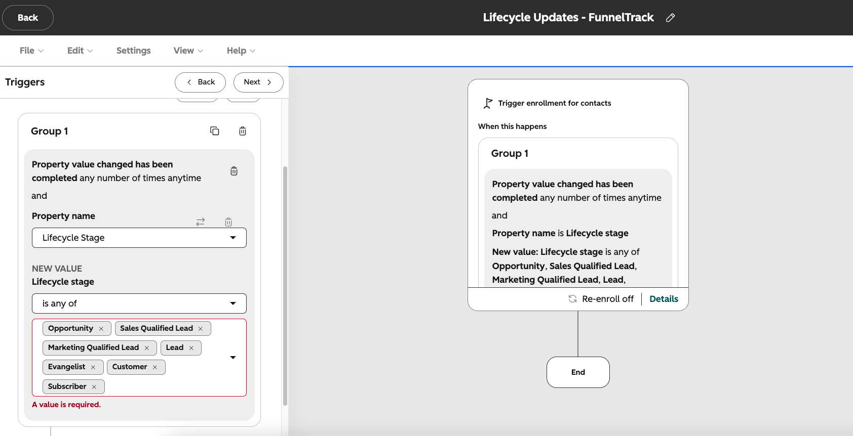 Selecting all lifecycle stages to enroll