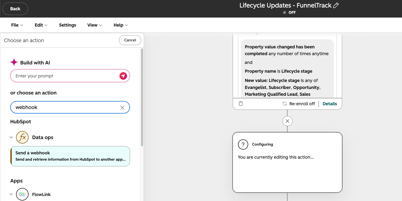 Choosing the Send a webhook action in the HubSpot workflow