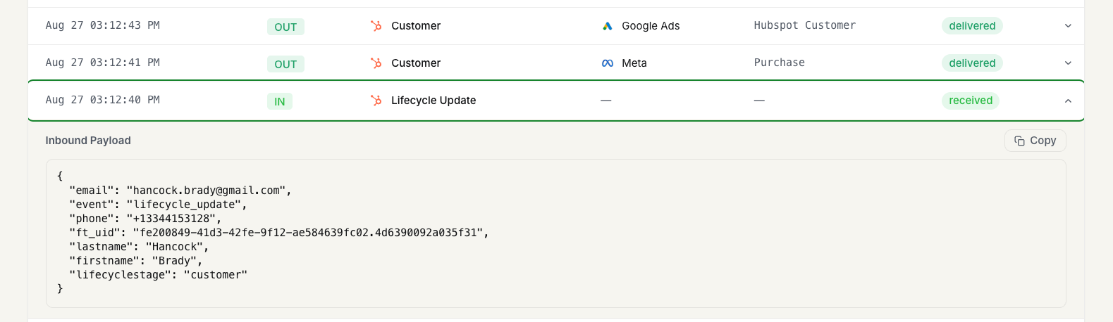 Verifying a lifecycle event in the FunnelTrack Event Delivery Log