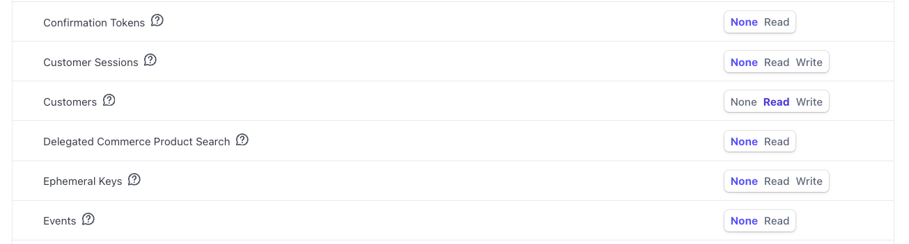 Stripe restricted key permissions list with Customers set to Read