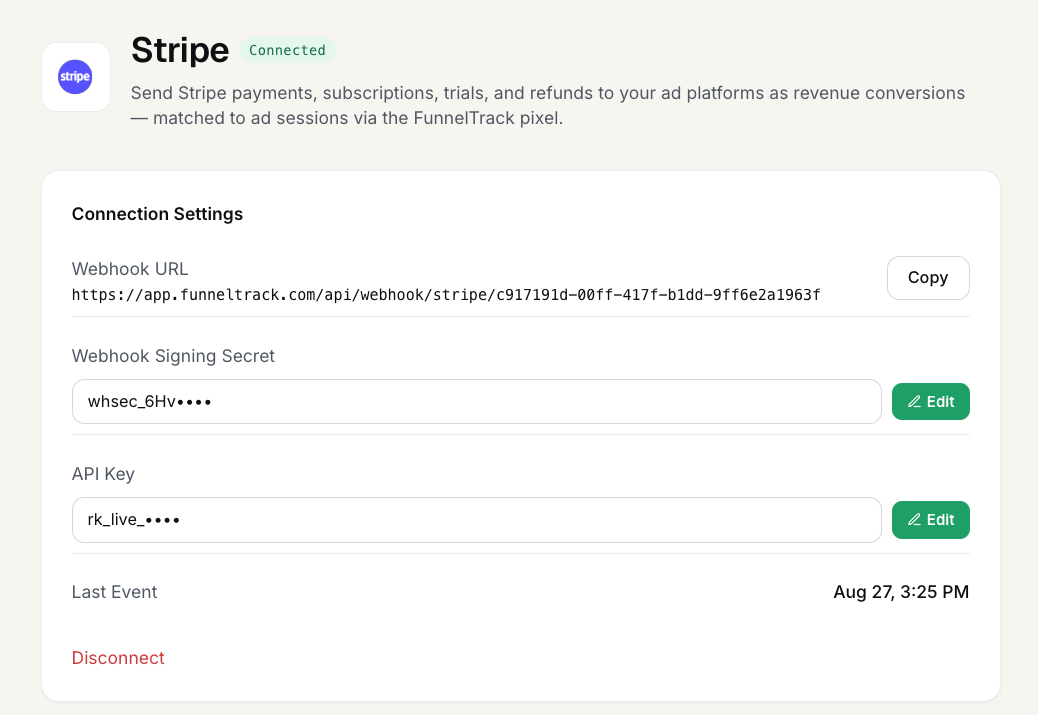 FunnelTrack Stripe integration Connection Settings showing Connected status with webhook URL, signing secret, and API key all filled in