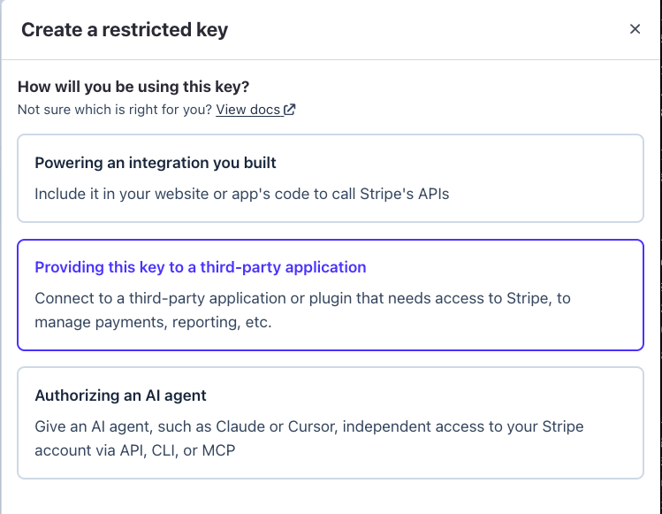 Stripe Create a restricted key modal with the third-party application option selected
