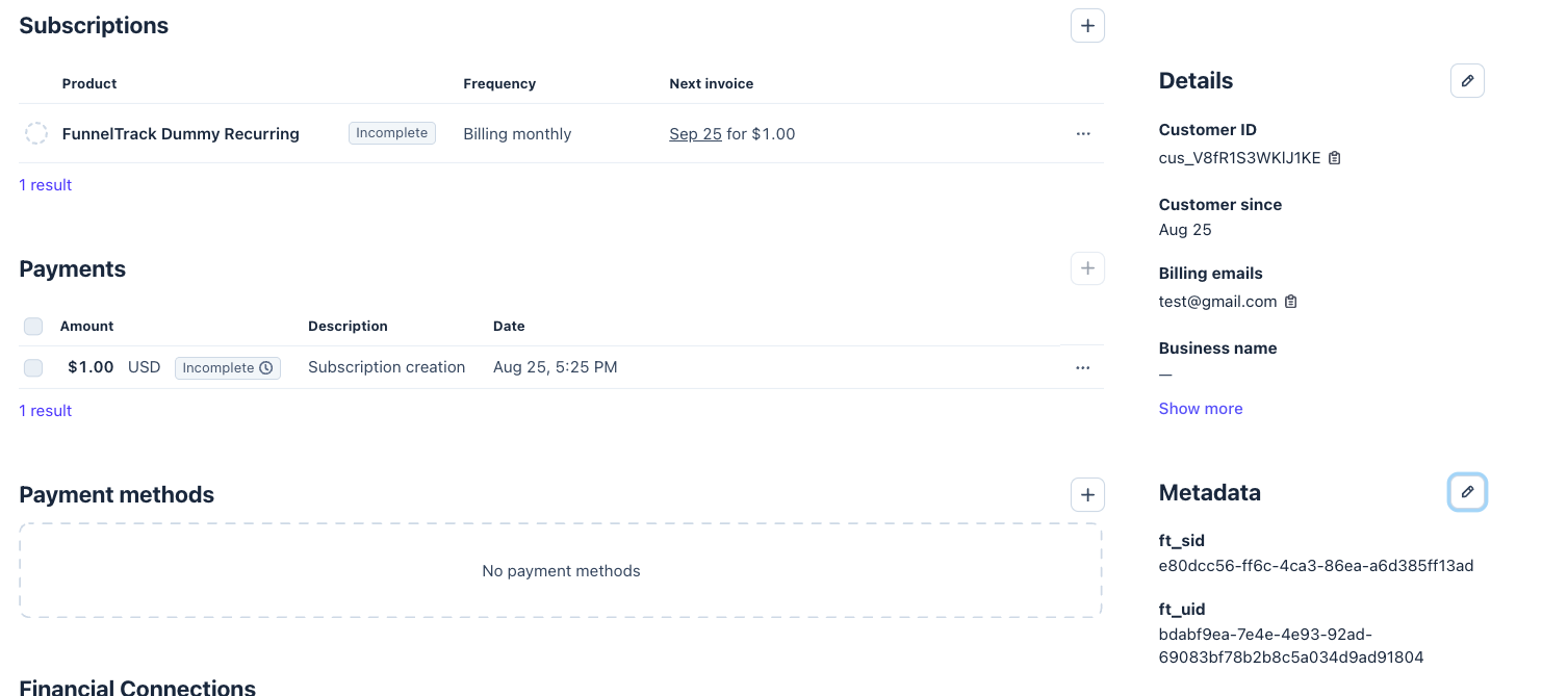 Stripe customer detail showing a Metadata block with ft_sid and ft_uid values