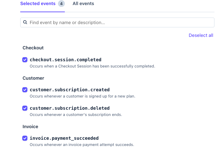 Stripe event picker with checkout.session.completed, customer.subscription.created, customer.subscription.deleted, and invoice.payment_succeeded selected