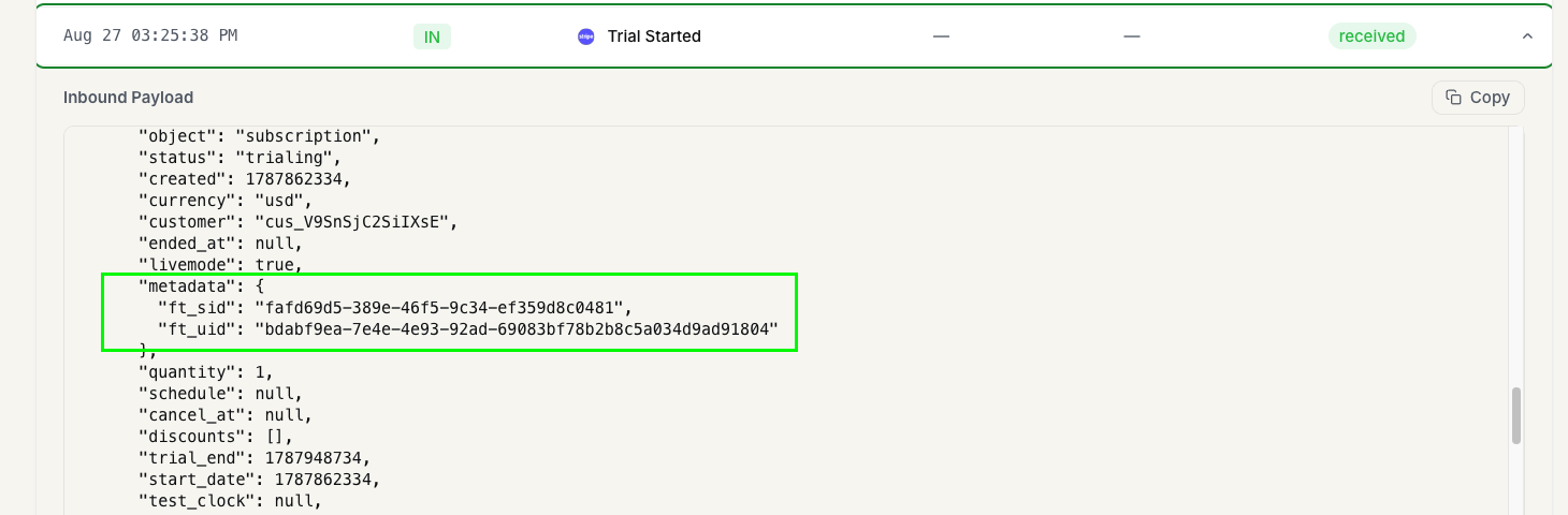 Expanded inbound Stripe payload highlighting the metadata block with ft_sid and ft_uid