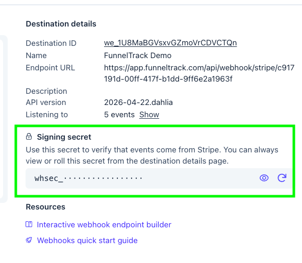 Stripe destination details showing the endpoint URL, API version, and the whsec signing secret